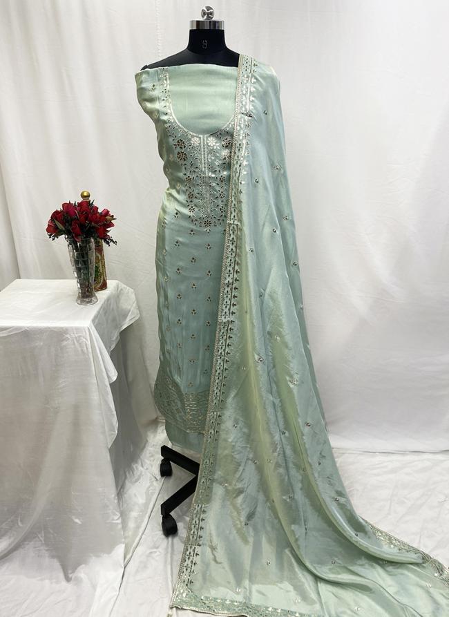 Shimmer Sky Blue Ceremonial Wear Zari Work Dress Material